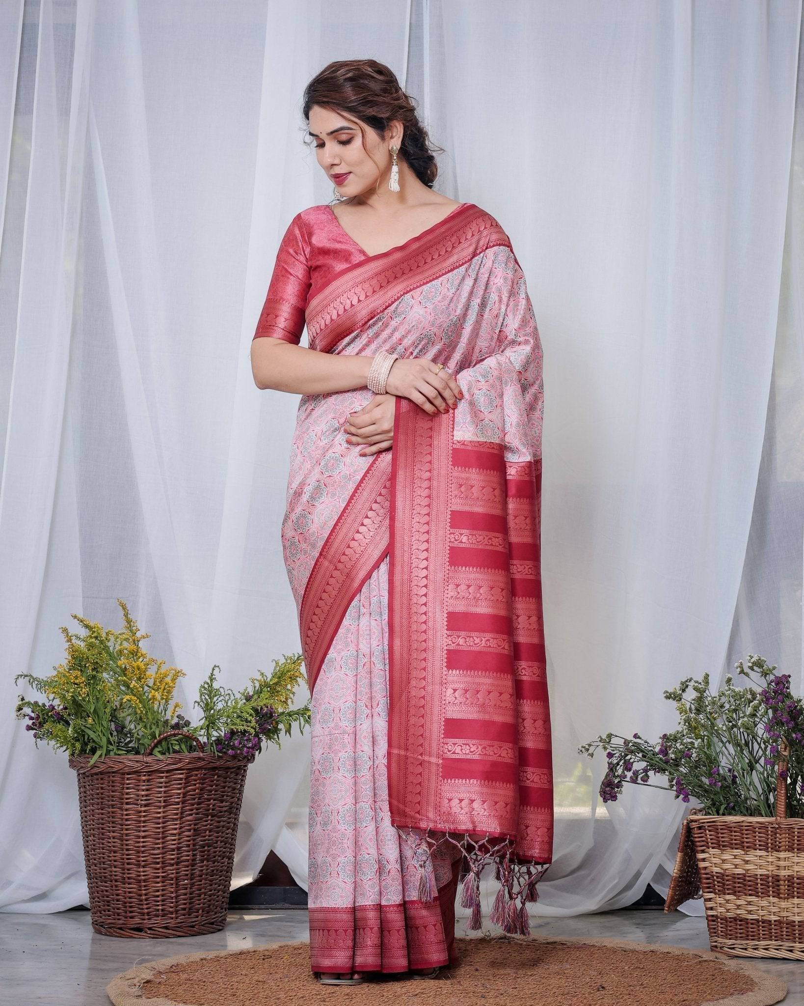 Pure Banarasi Digitally Printed Silk Saree Weaved With Zari Comes With Tassels. - Fashion Dream Studio