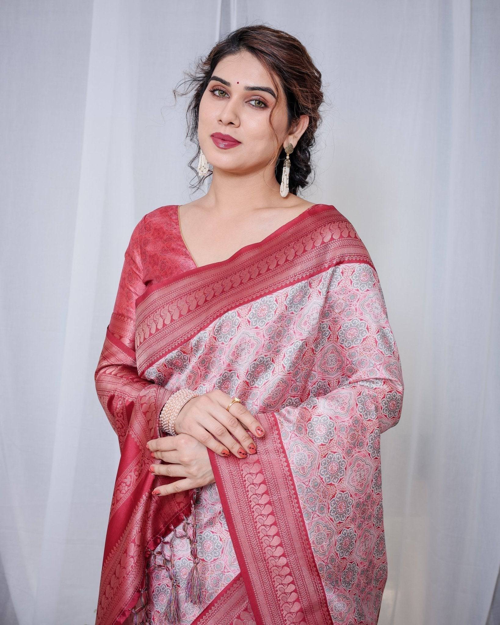 Pure Banarasi Digitally Printed Silk Saree Weaved With Zari Comes With Tassels. - Fashion Dream Studio