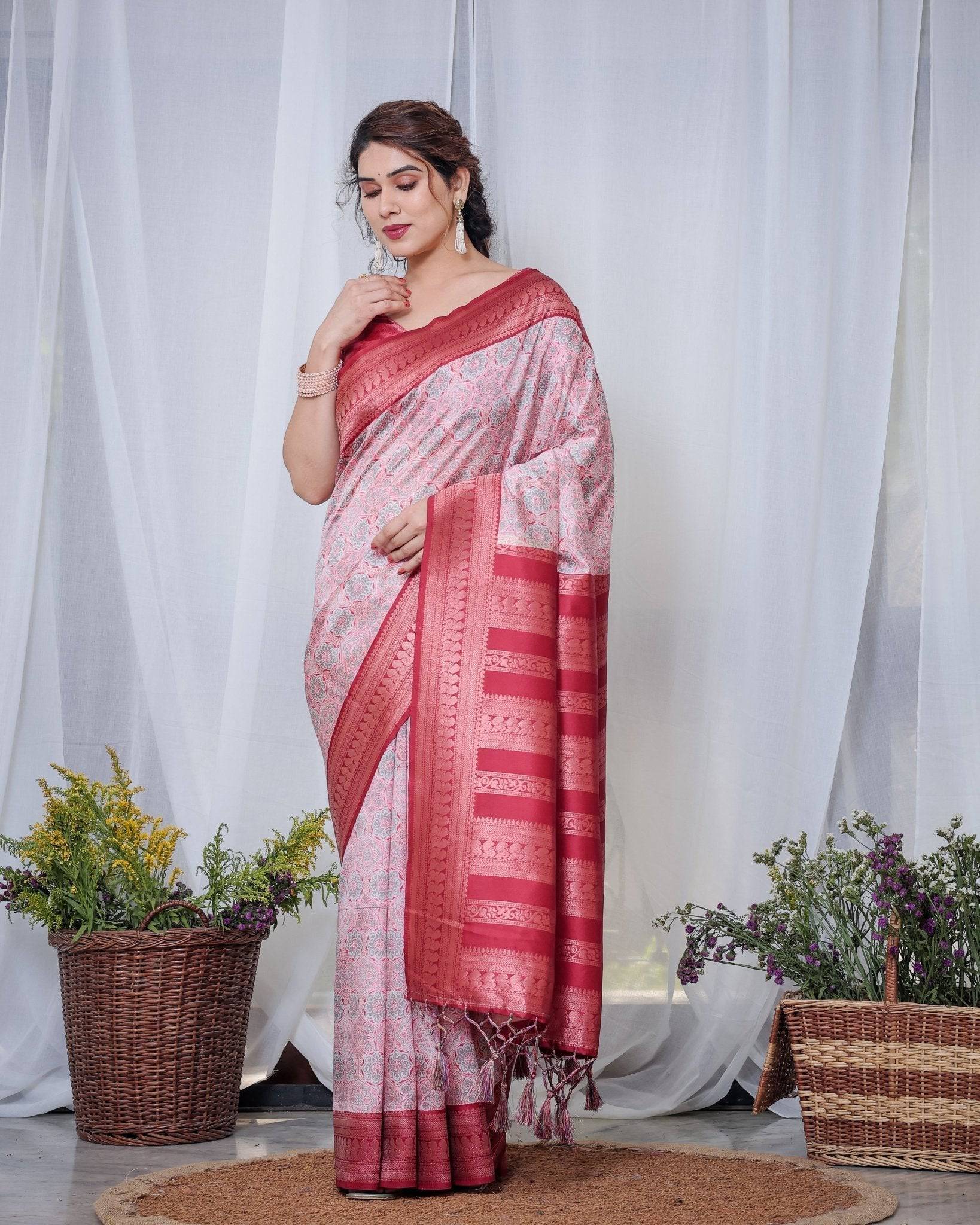 Pure Banarasi Digitally Printed Silk Saree Weaved With Zari Comes With Tassels. - Fashion Dream Studio