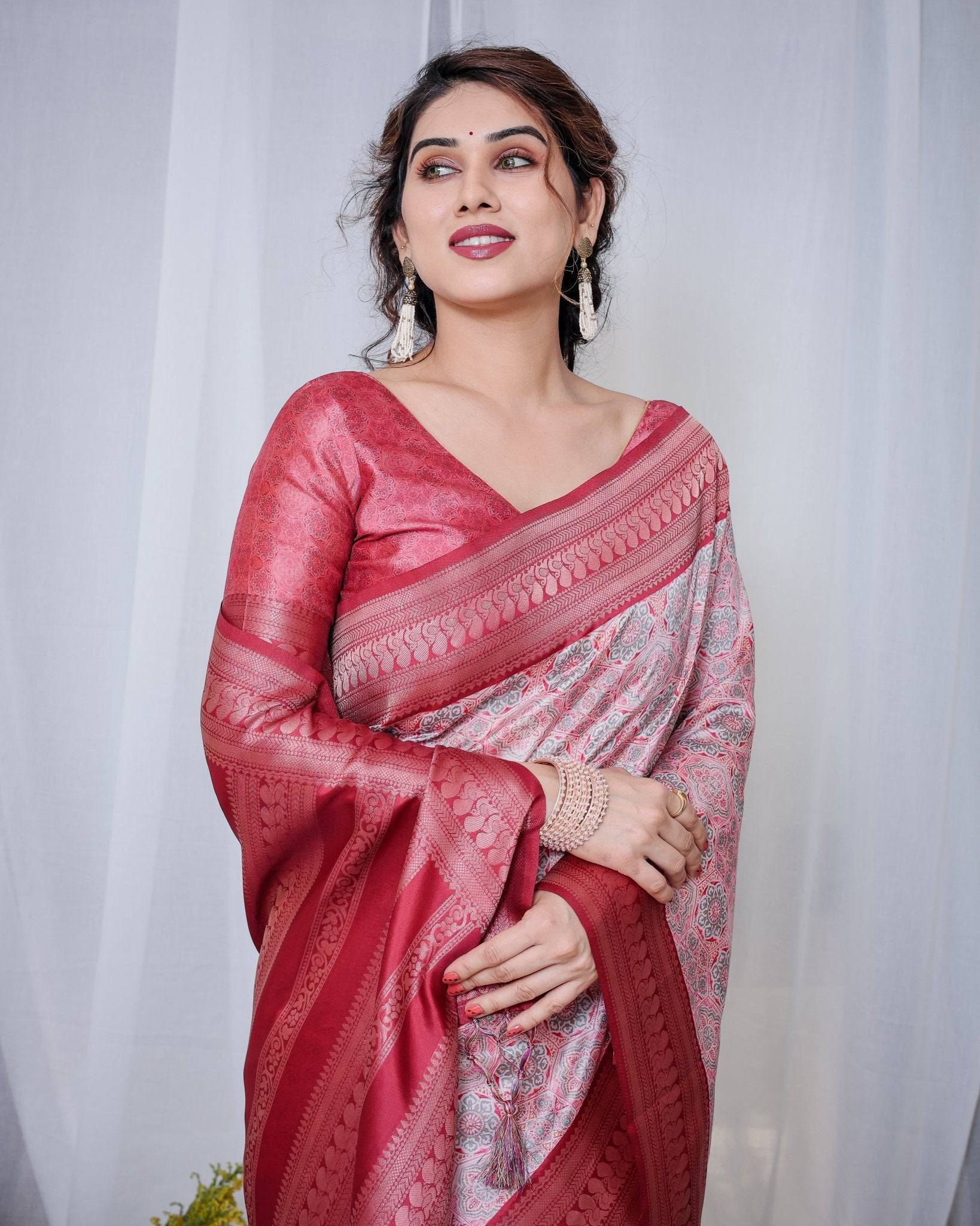 Pure Banarasi Digitally Printed Silk Saree Weaved With Zari Comes With Tassels. - Fashion Dream Studio