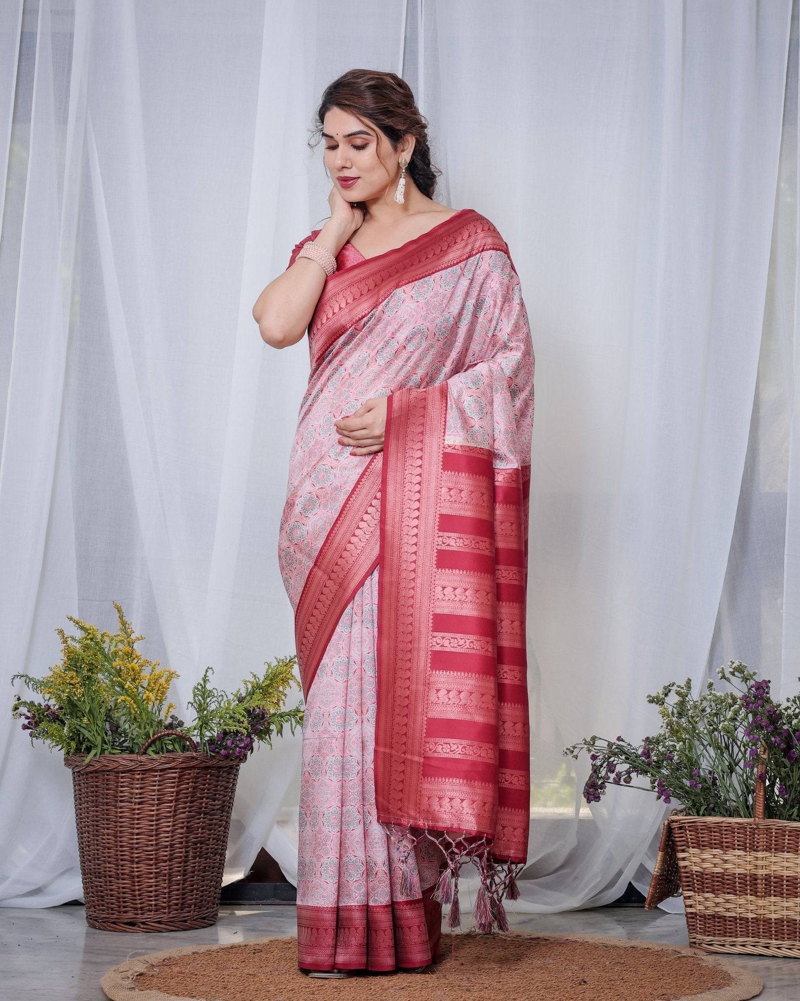 Pure Banarasi Digitally Printed Silk Saree Weaved With Zari Comes With Tassels. - Fashion Dream Studio