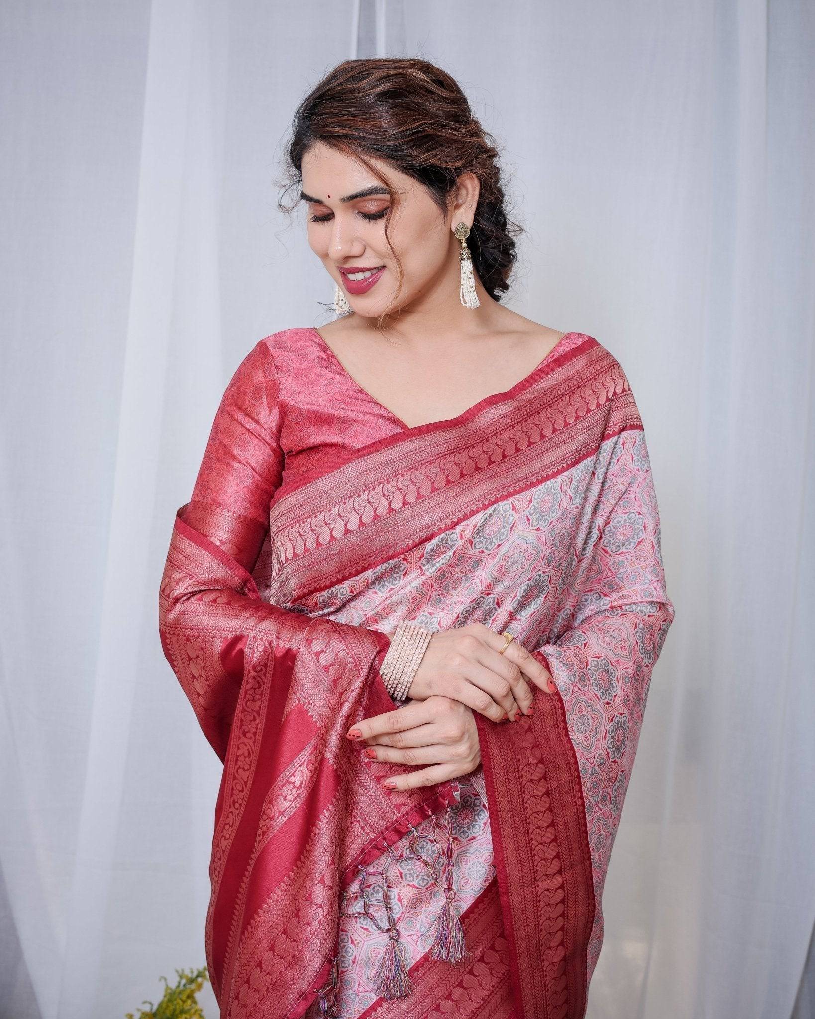 Pure Banarasi Digitally Printed Silk Saree Weaved With Zari Comes With Tassels. - Fashion Dream Studio