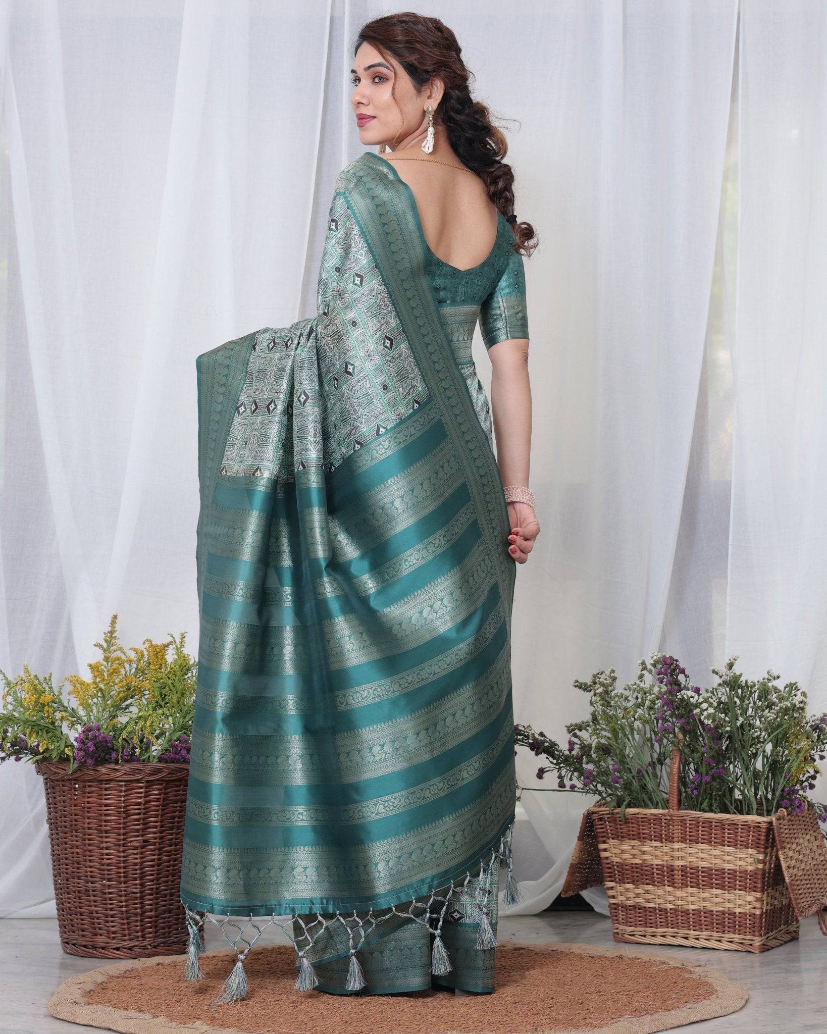 Pure Banarasi Digitally Printed Silk Saree Weaved With Zari Comes With Tassels. - Fashion Dream Studio