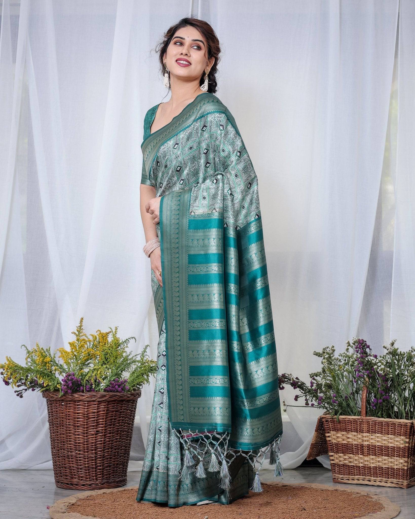 Pure Banarasi Digitally Printed Silk Saree Weaved With Zari Comes With Tassels. - Fashion Dream Studio