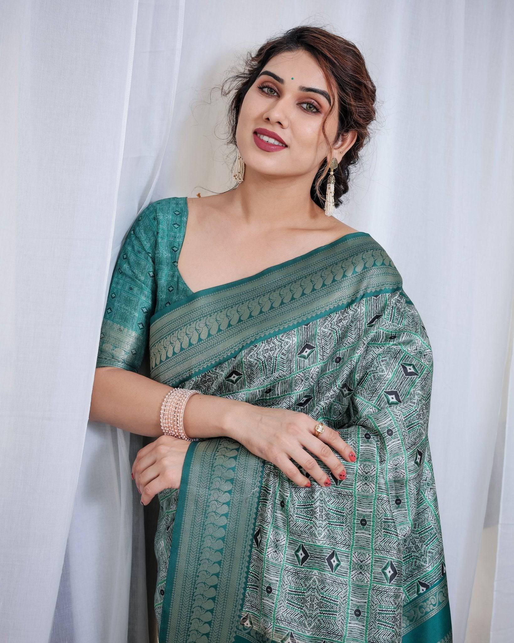 Pure Banarasi Digitally Printed Silk Saree Weaved With Zari Comes With Tassels. - Fashion Dream Studio