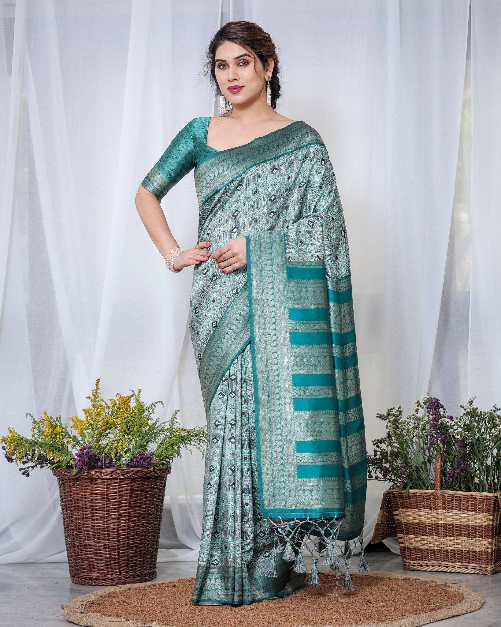 Pure Banarasi Digitally Printed Silk Saree Weaved With Zari Comes With Tassels. - Fashion Dream Studio