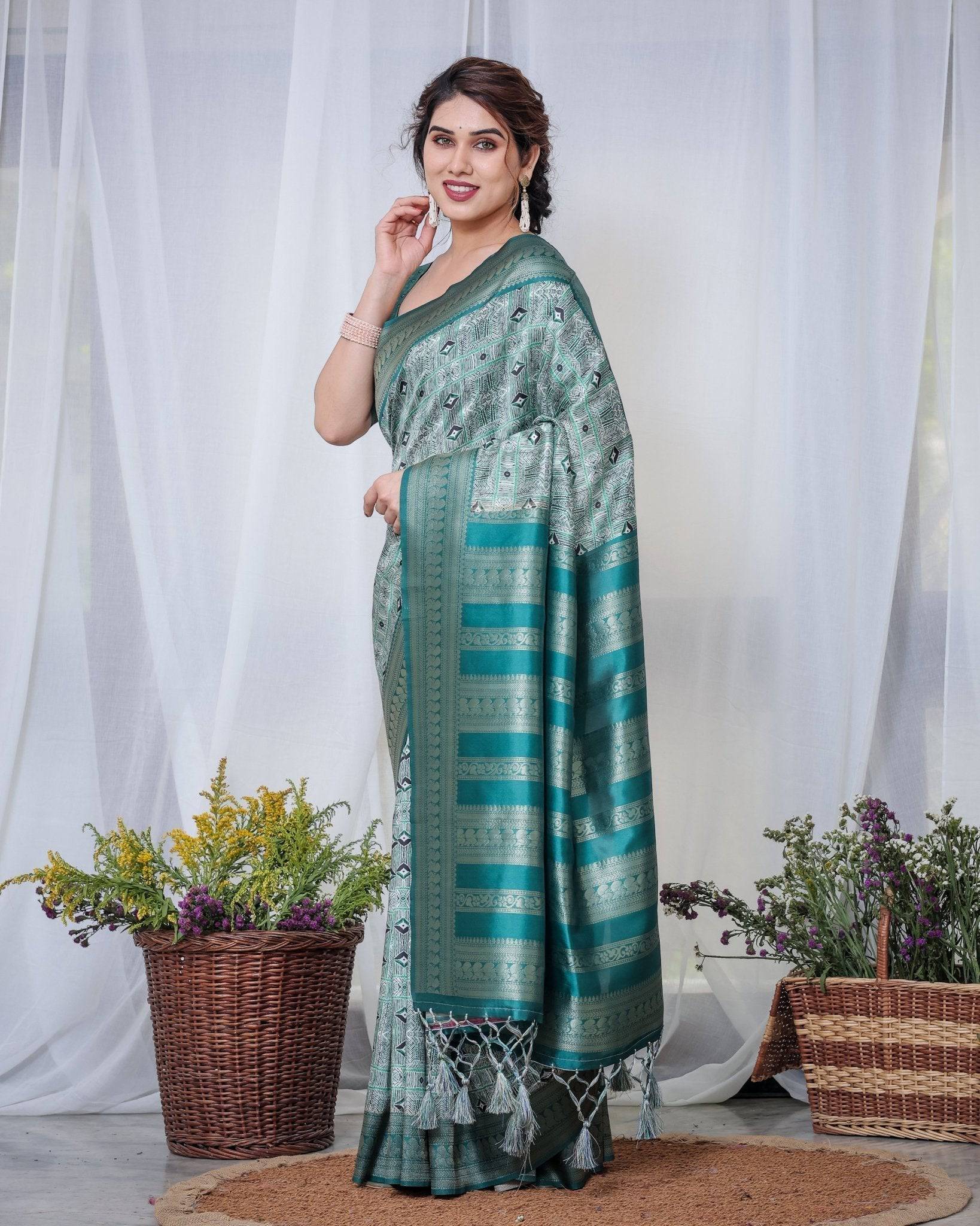 Pure Banarasi Digitally Printed Silk Saree Weaved With Zari Comes With Tassels. - Fashion Dream Studio