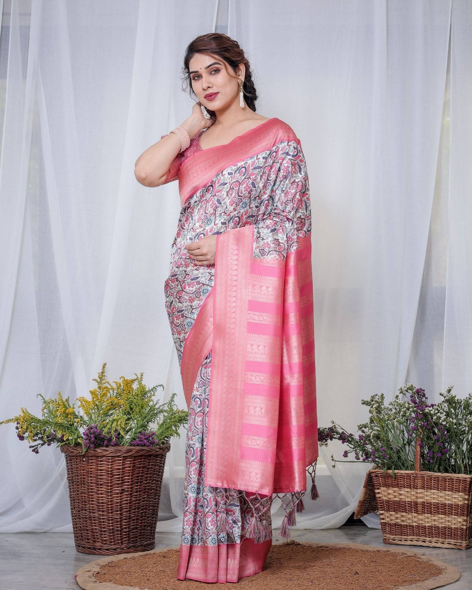 Pure Banarasi Digitally Printed Silk Saree Weaved With Zari Comes With Tassels.