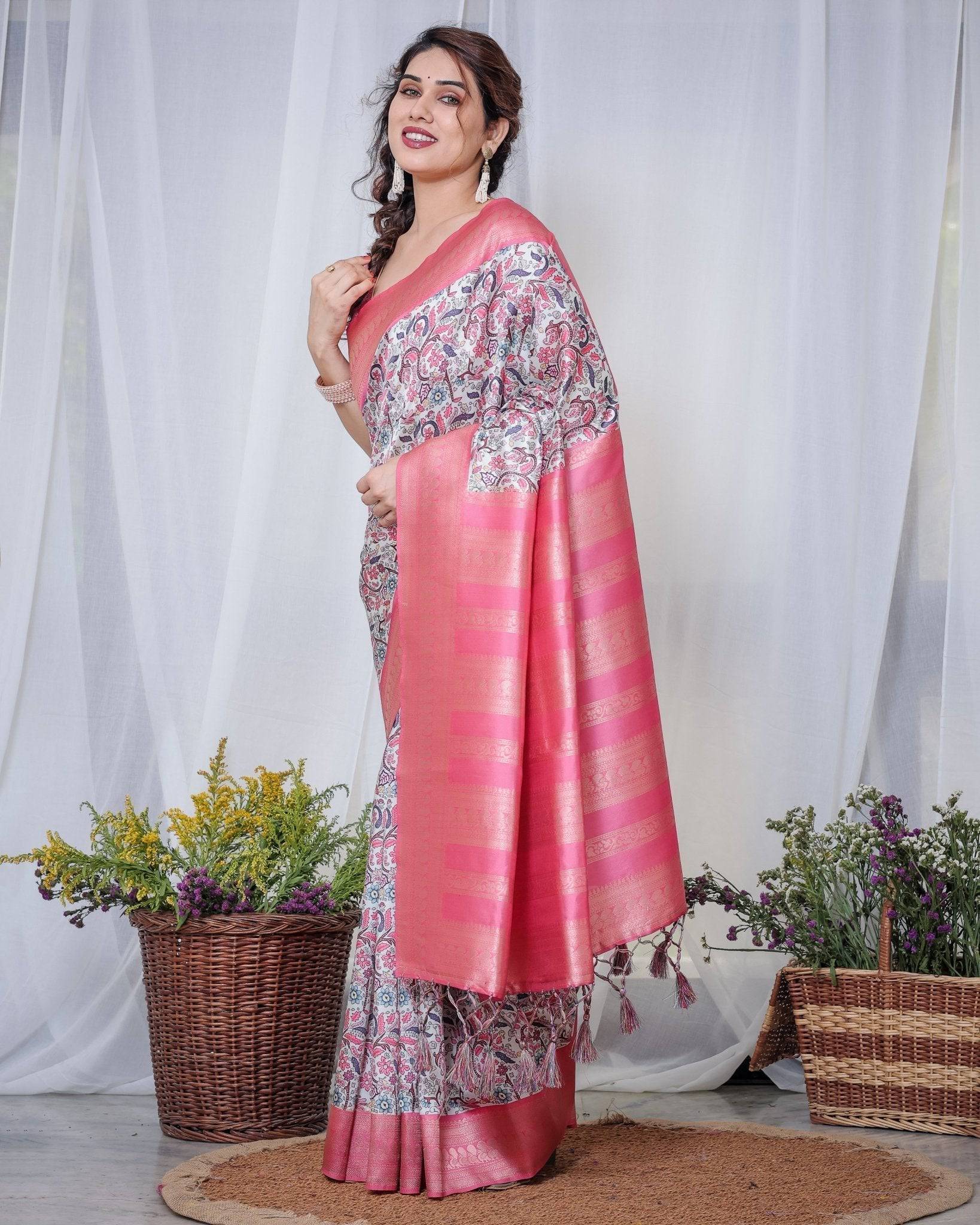 Pure Banarasi Digitally Printed Silk Saree Weaved With Zari Comes With Tassels.