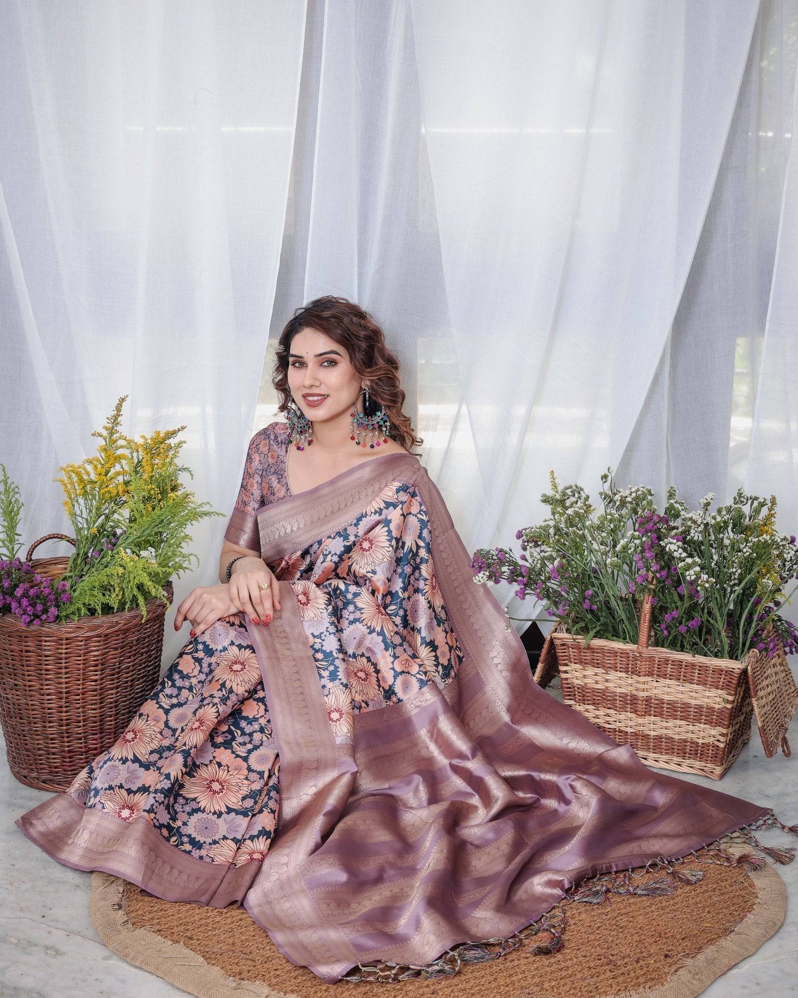 Pure Banarasi Digitally Printed Silk Saree Weaved With Zari Comes With Tassels. - Fashion Dream Studio