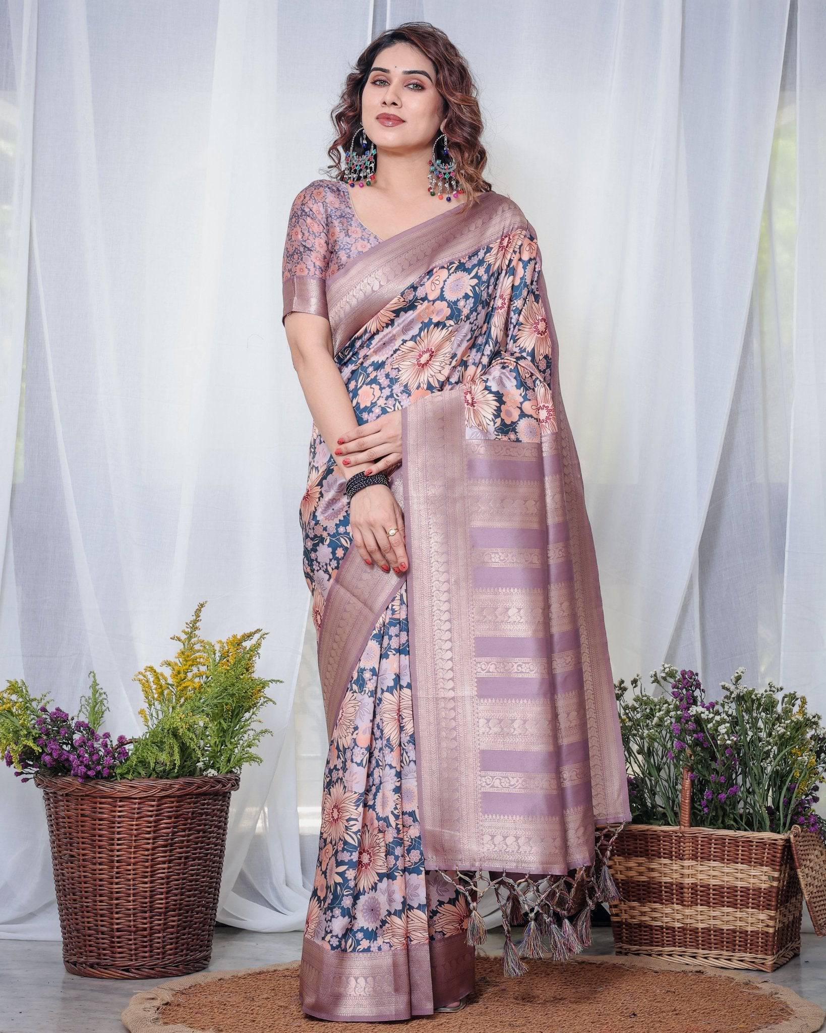 Pure Banarasi Digitally Printed Silk Saree Weaved With Zari Comes With Tassels. - Fashion Dream Studio