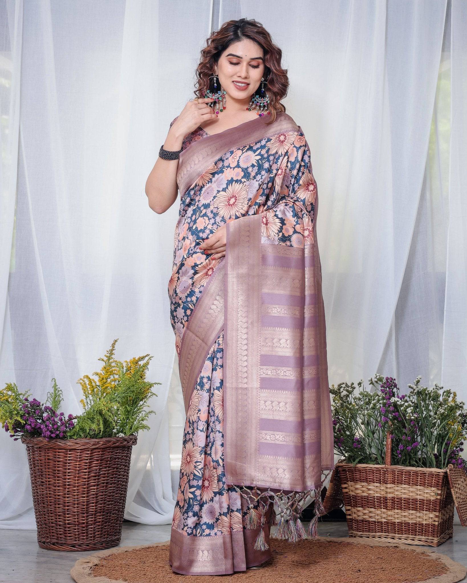 Pure Banarasi Digitally Printed Silk Saree Weaved With Zari Comes With Tassels. - Fashion Dream Studio