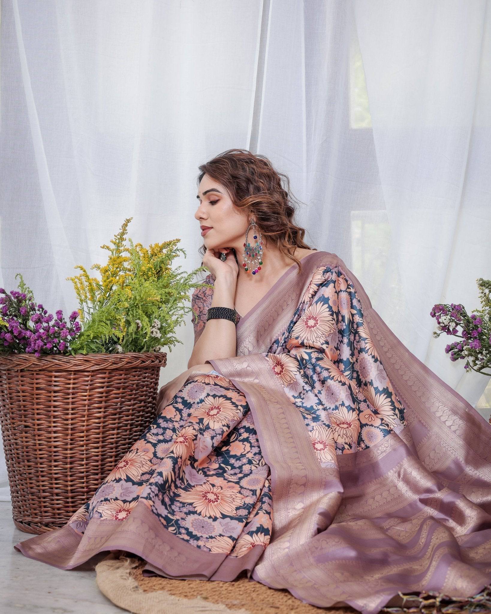 Pure Banarasi Digitally Printed Silk Saree Weaved With Zari Comes With Tassels. - Fashion Dream Studio