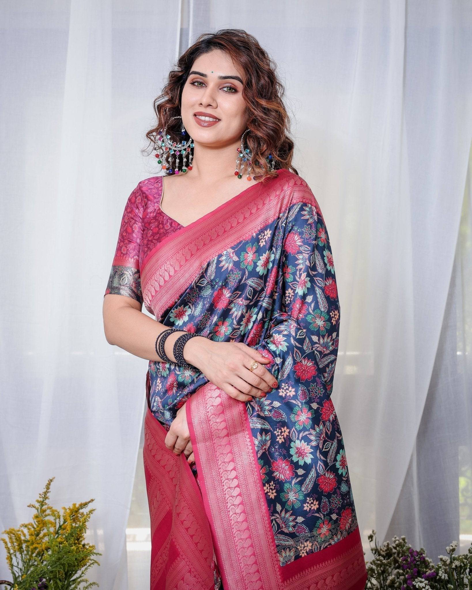 Pure Banarasi Digitally Printed Silk Saree Weaved With Zari Comes With Tassels.