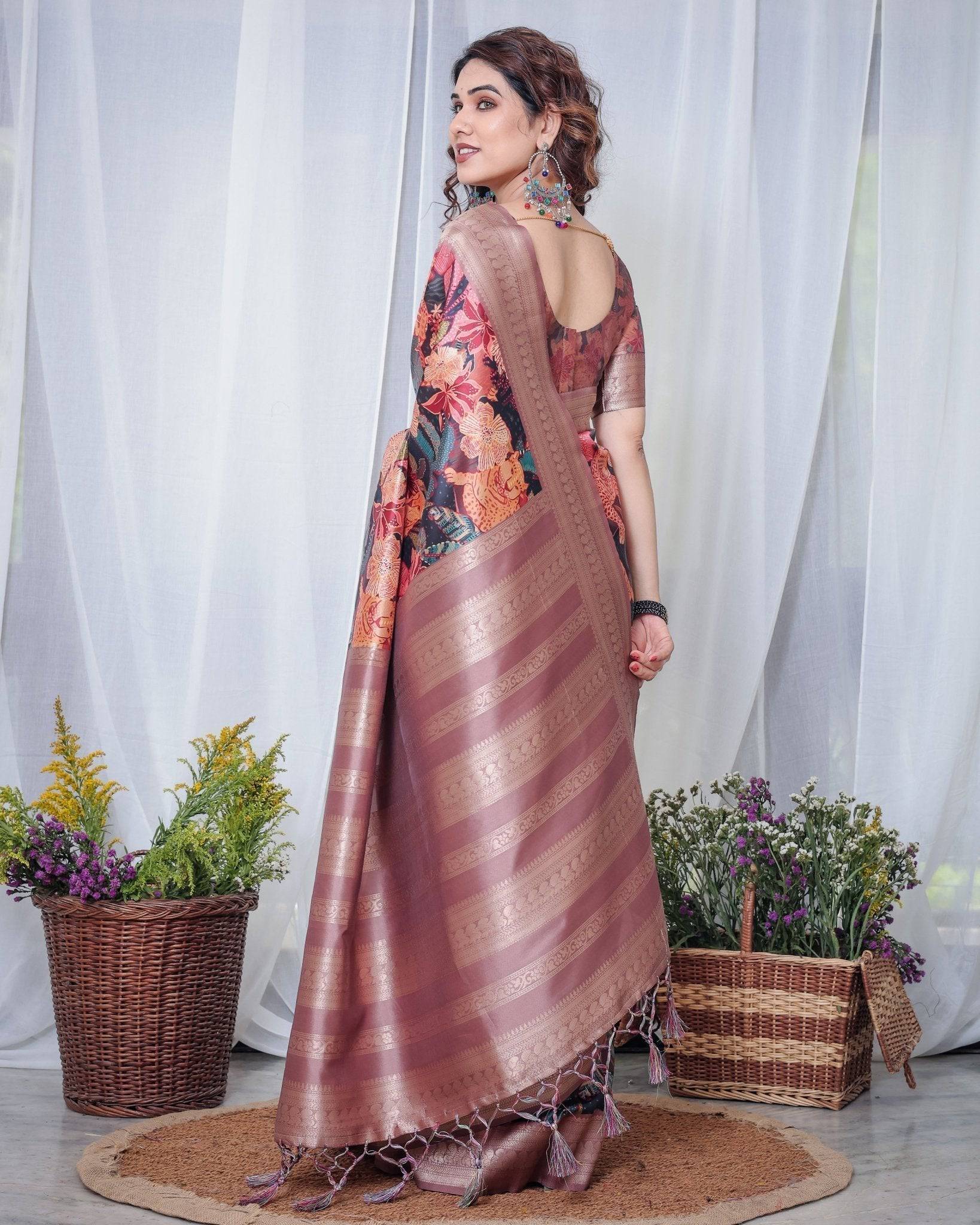 Pure Banarasi Digitally Printed Silk Saree Weaved With Zari Comes With Tassels. - Fashion Dream Studio