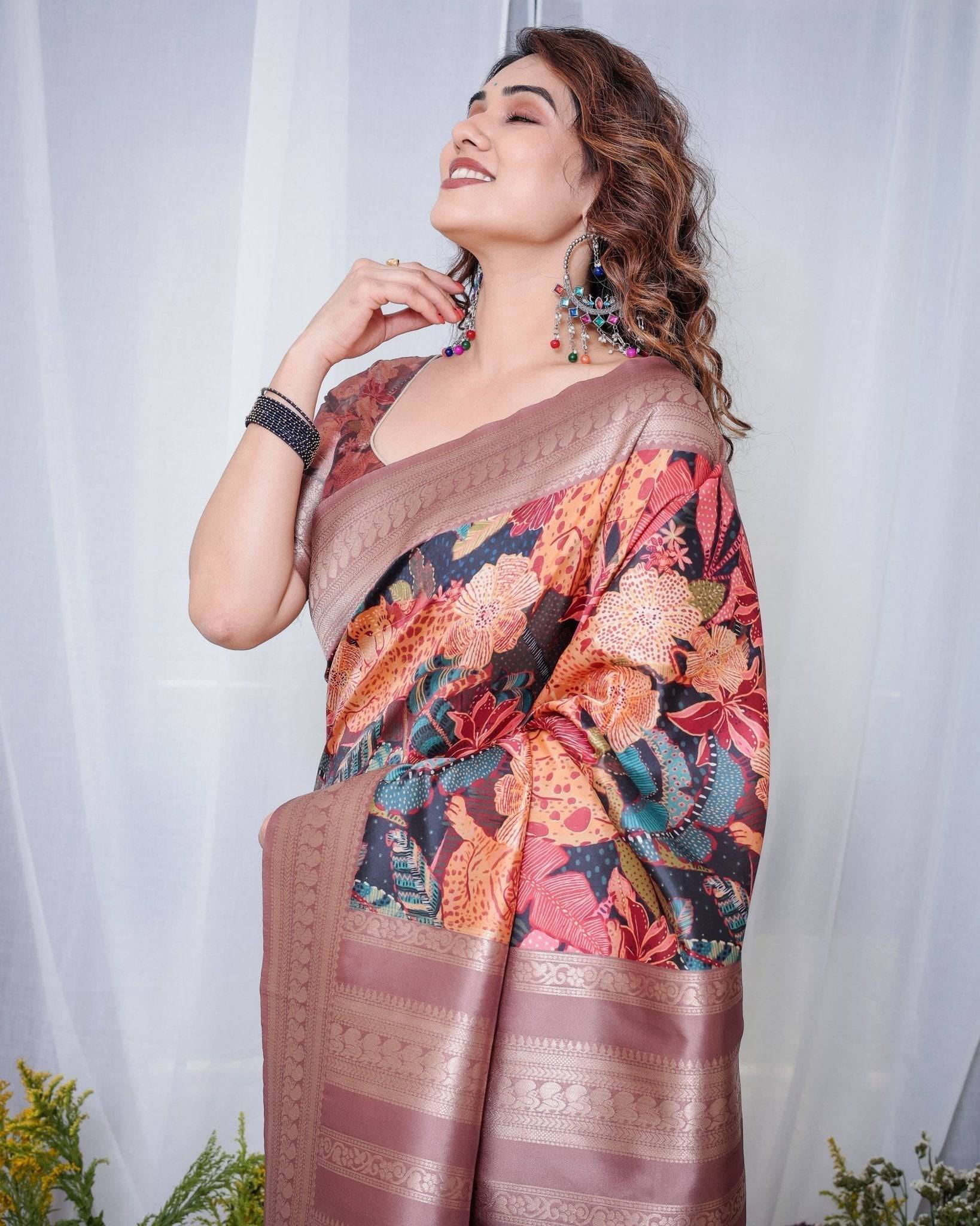 Pure Banarasi Digitally Printed Silk Saree Weaved With Zari Comes With Tassels. - Fashion Dream Studio