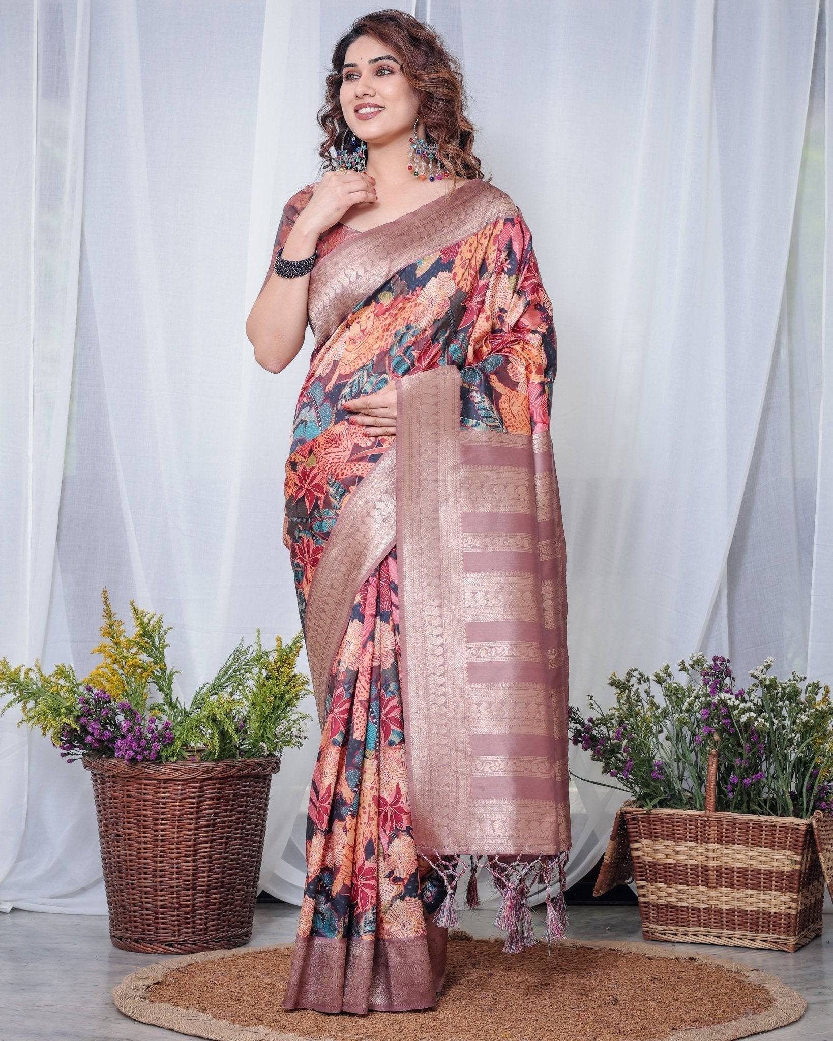 Pure Banarasi Digitally Printed Silk Saree Weaved With Zari Comes With Tassels. - Fashion Dream Studio