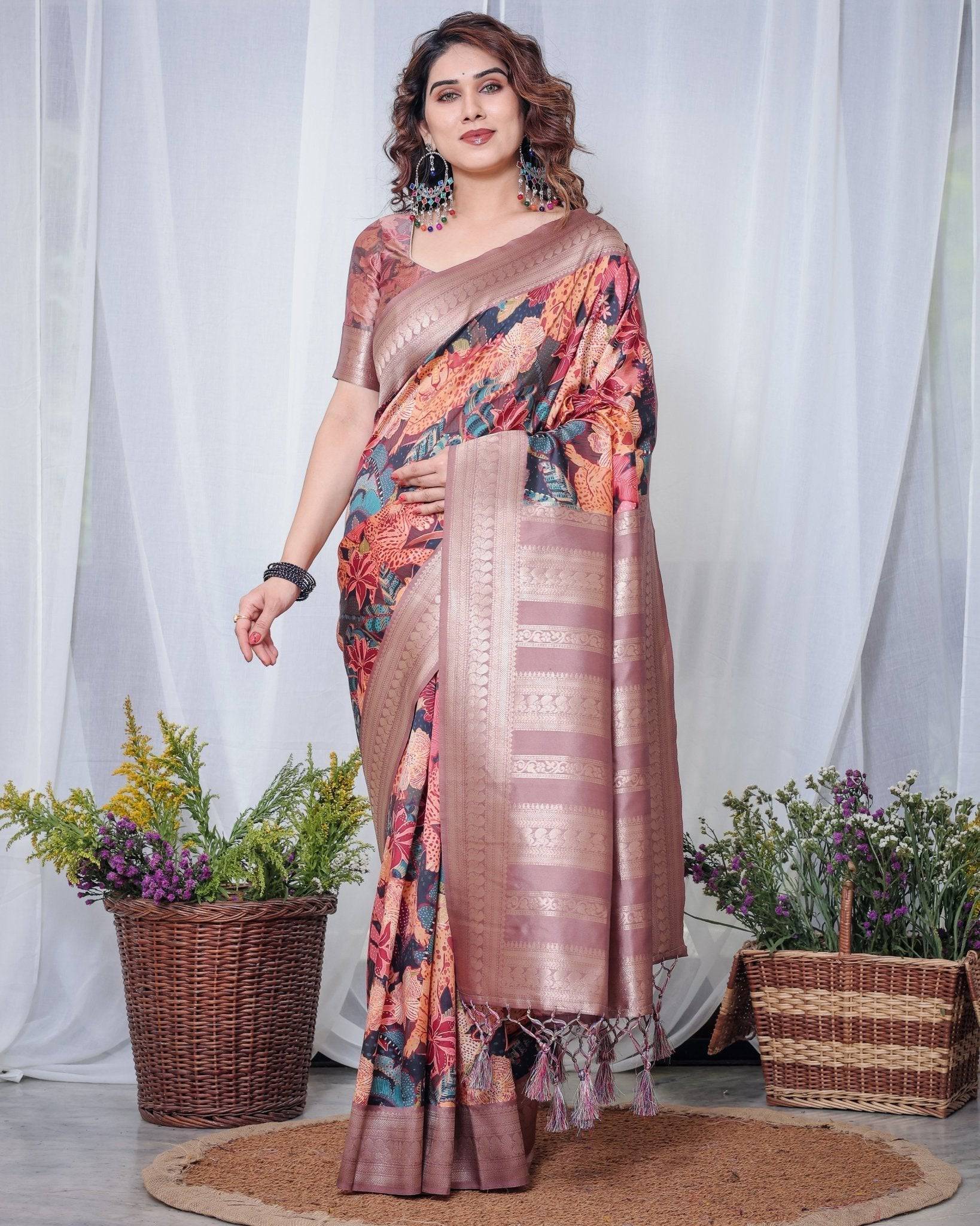 Pure Banarasi Digitally Printed Silk Saree Weaved With Zari Comes With Tassels. - Fashion Dream Studio