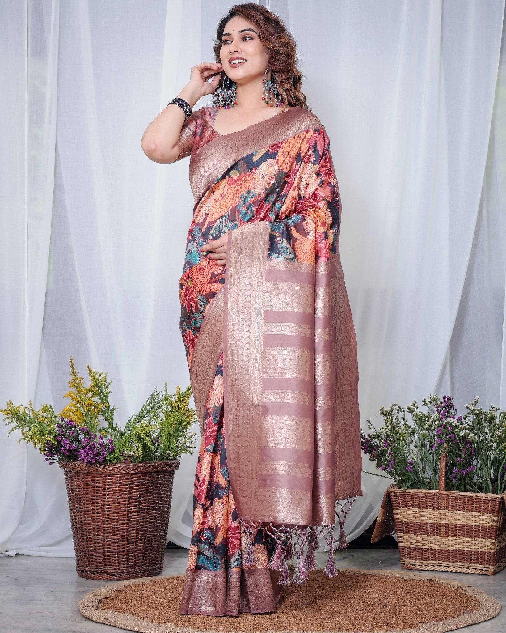 Pure Banarasi Digitally Printed Silk Saree Weaved With Zari Comes With Tassels. - Fashion Dream Studio