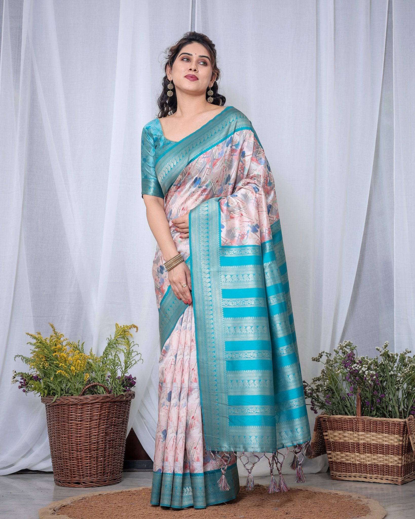 Pure Banarasi Digitally Printed Silk Saree Weaved With Zari Comes With Tassels.