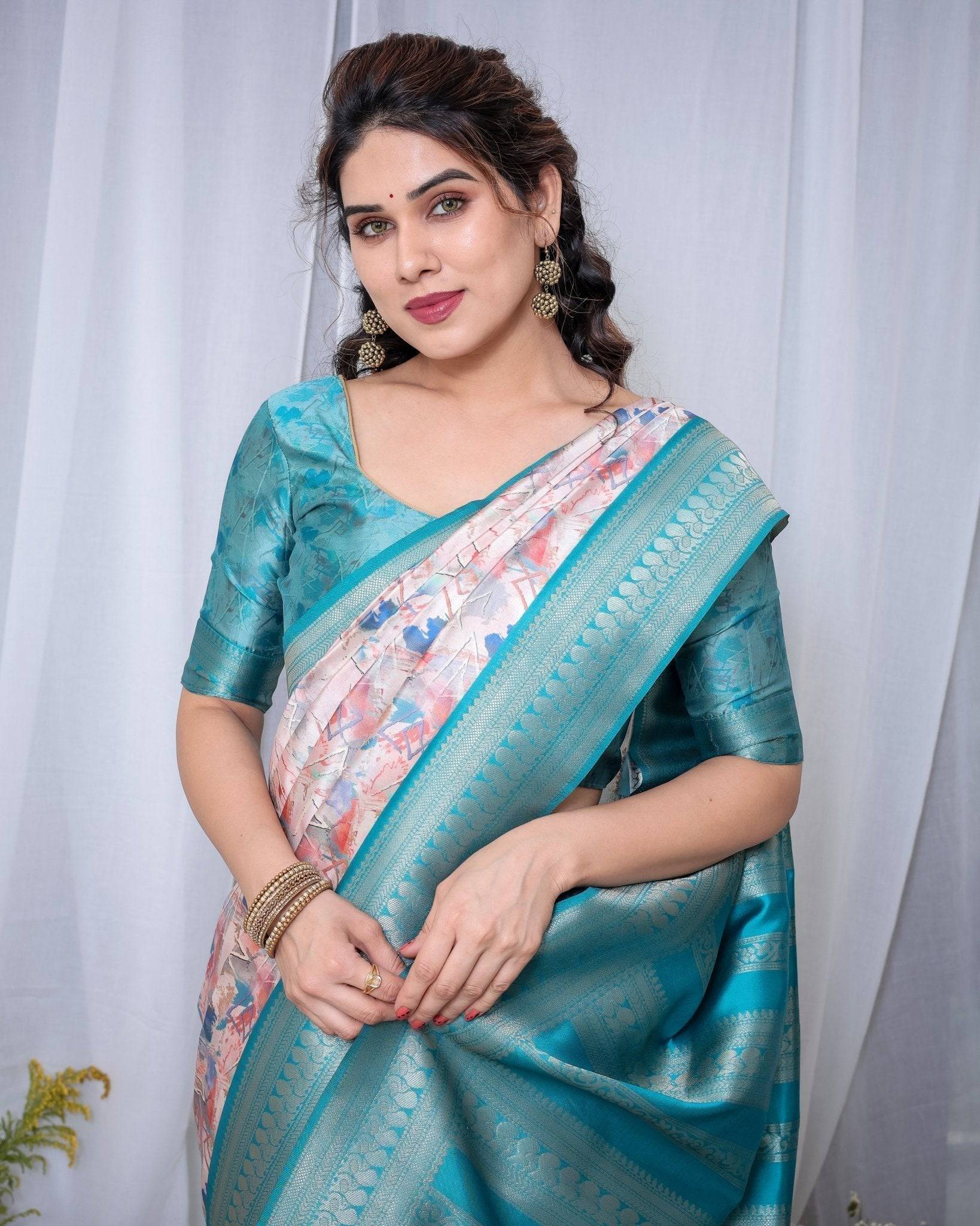 Pure Banarasi Digitally Printed Silk Saree Weaved With Zari Comes With Tassels.