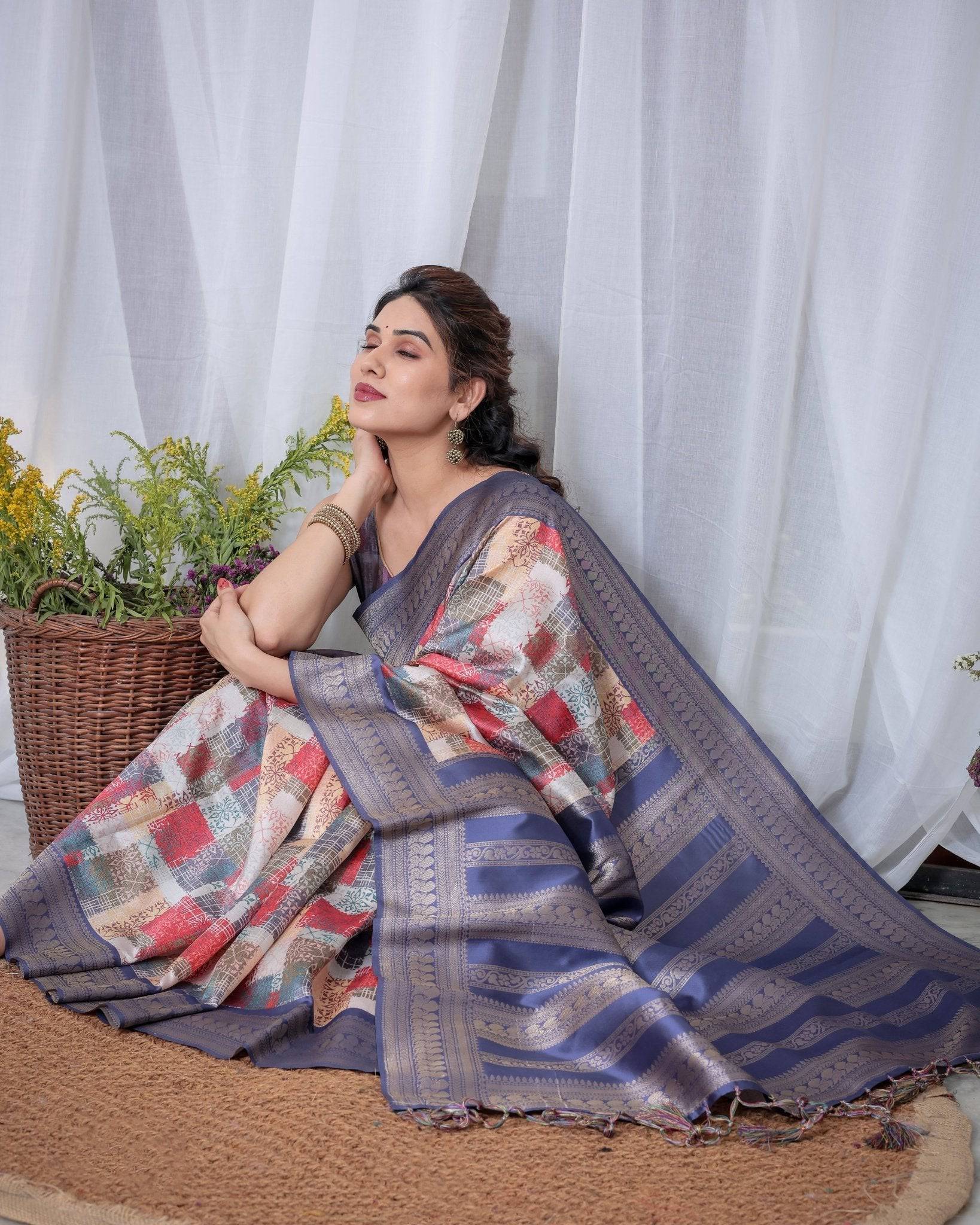 Pure Banarasi Digitally Printed Silk Saree Weaved With Zari Comes With Tassels.