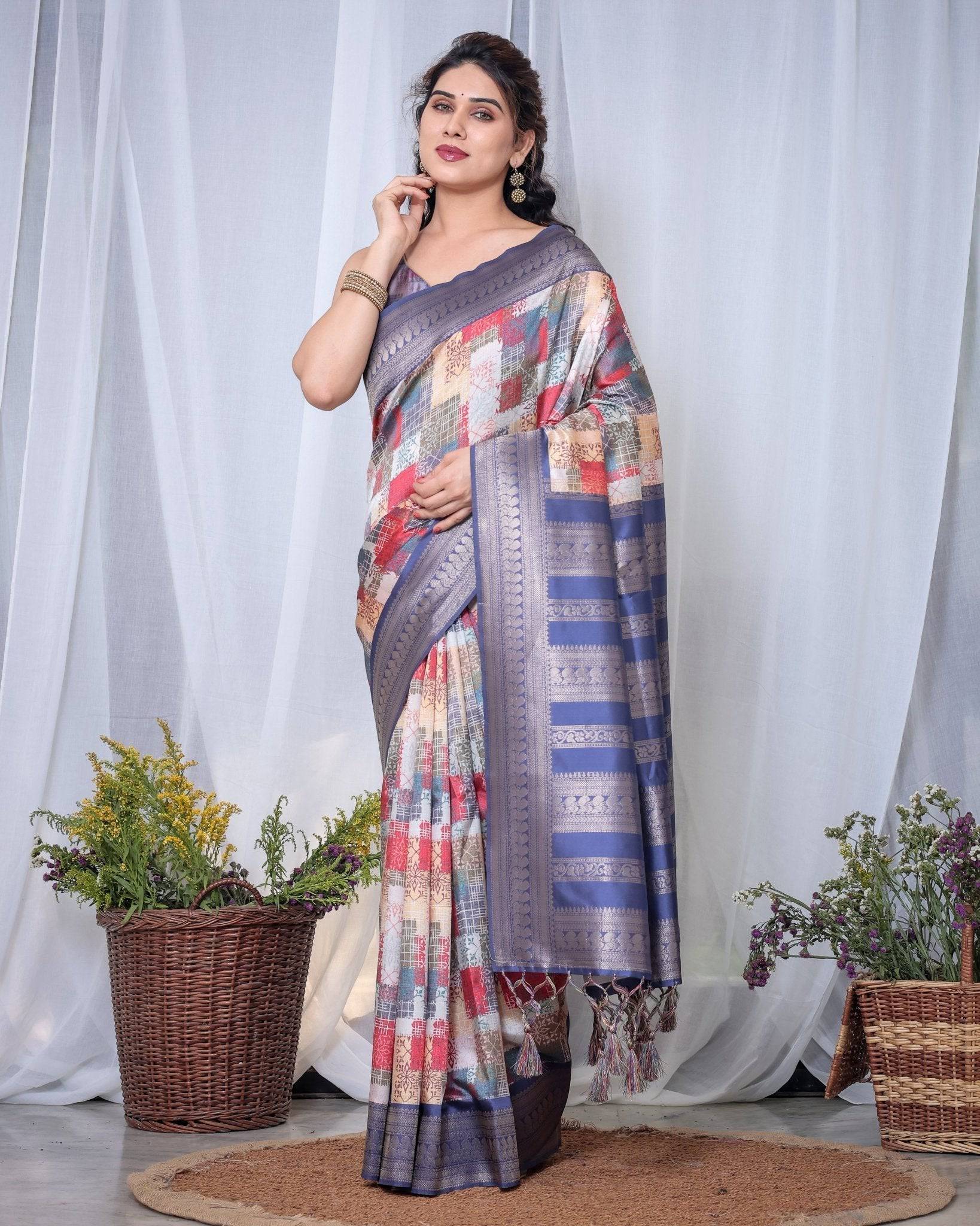 Pure Banarasi Digitally Printed Silk Saree Weaved With Zari Comes With Tassels.