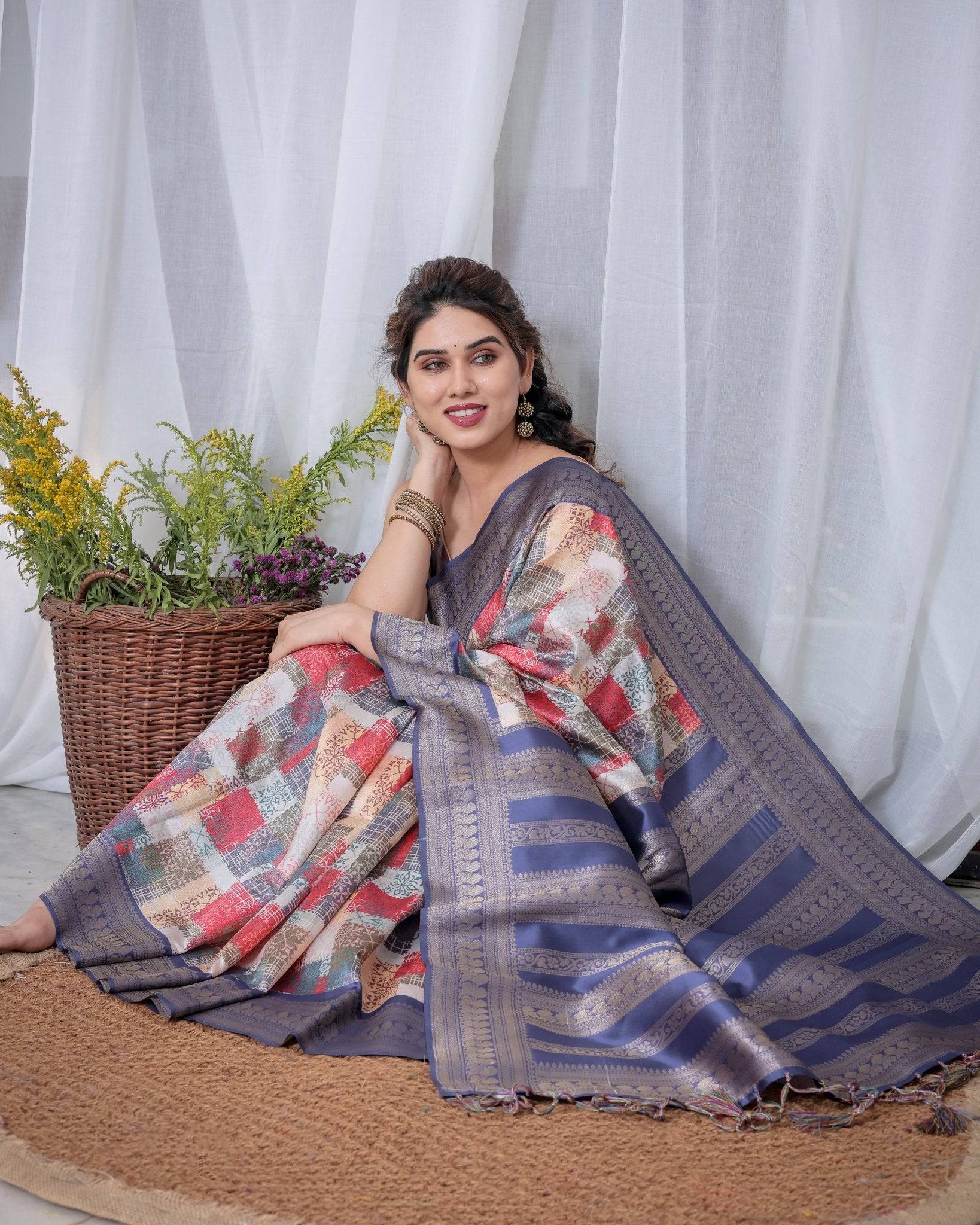 Pure Banarasi Digitally Printed Silk Saree Weaved With Zari Comes With Tassels.