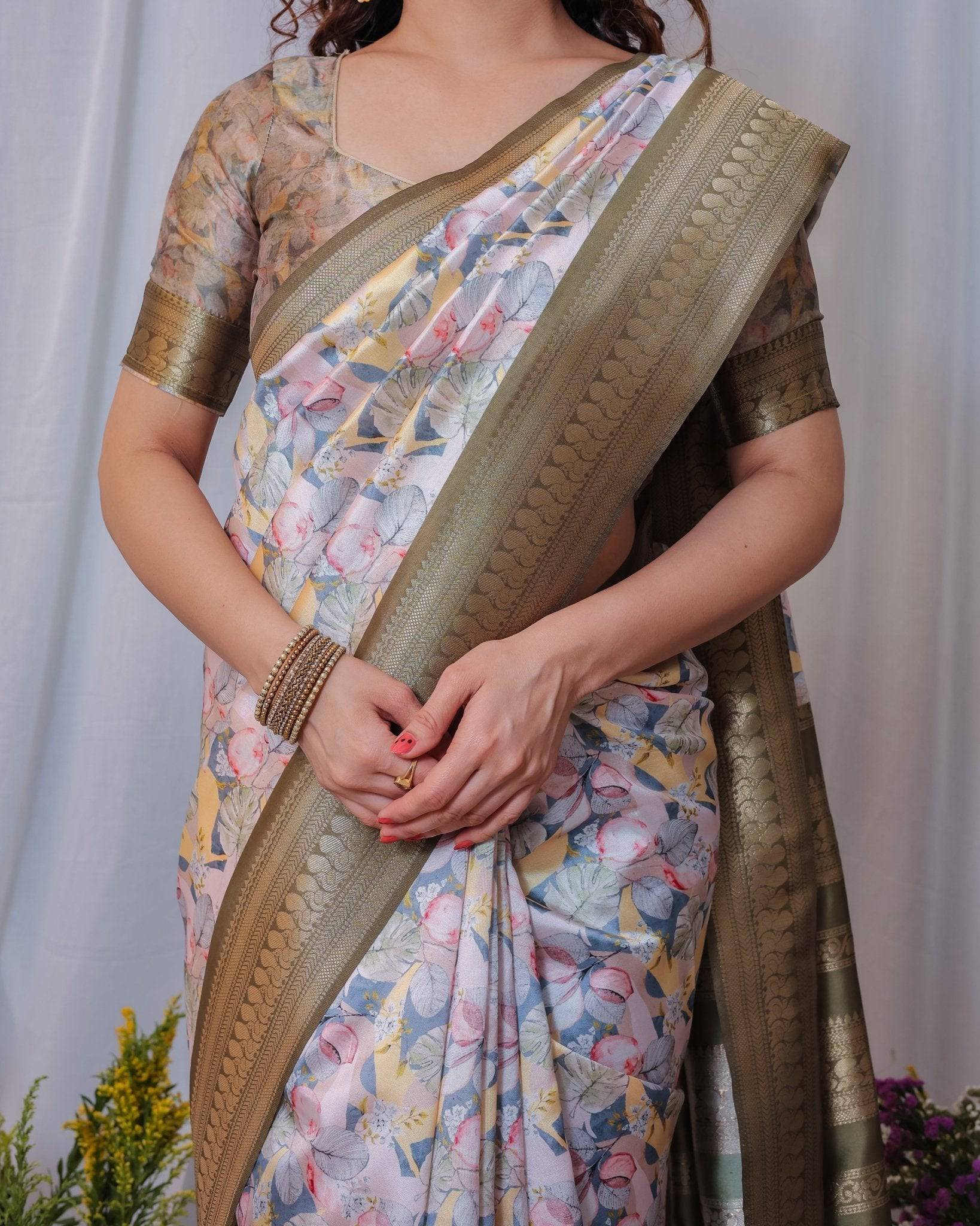 Pure Banarasi Digitally Printed Silk Saree Weaved With Zari Comes With Tassels.