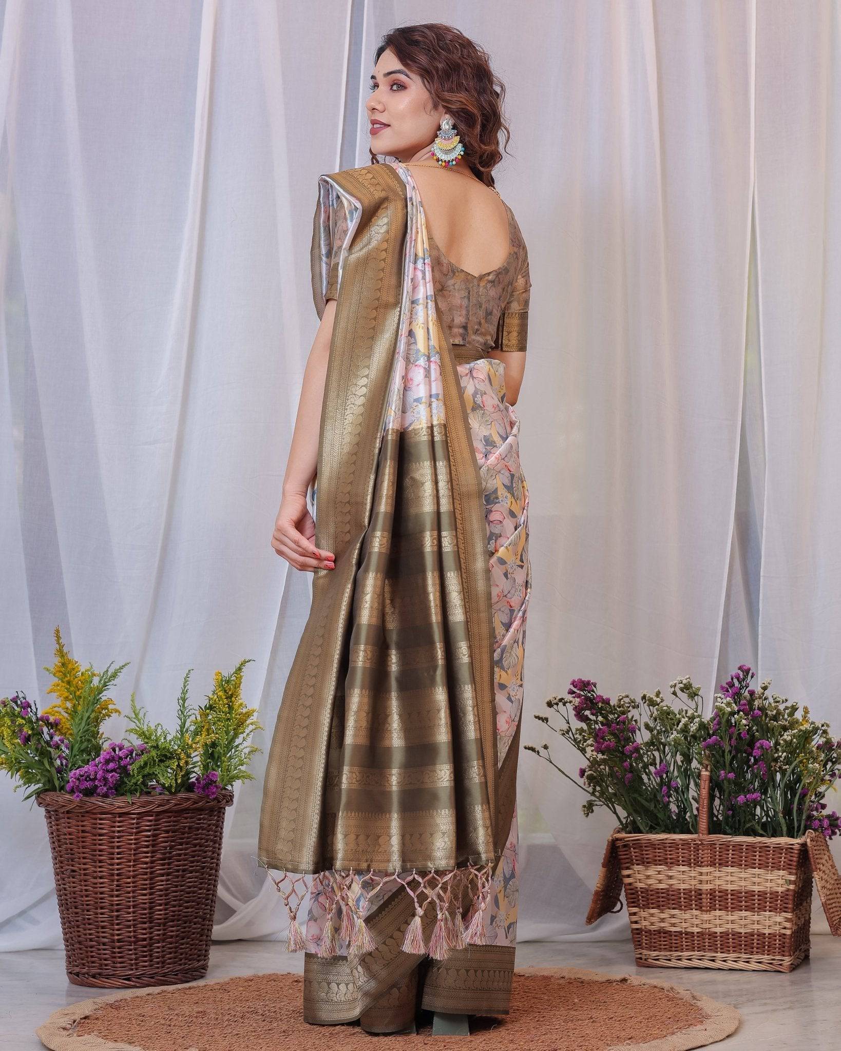 Pure Banarasi Digitally Printed Silk Saree Weaved With Zari Comes With Tassels.