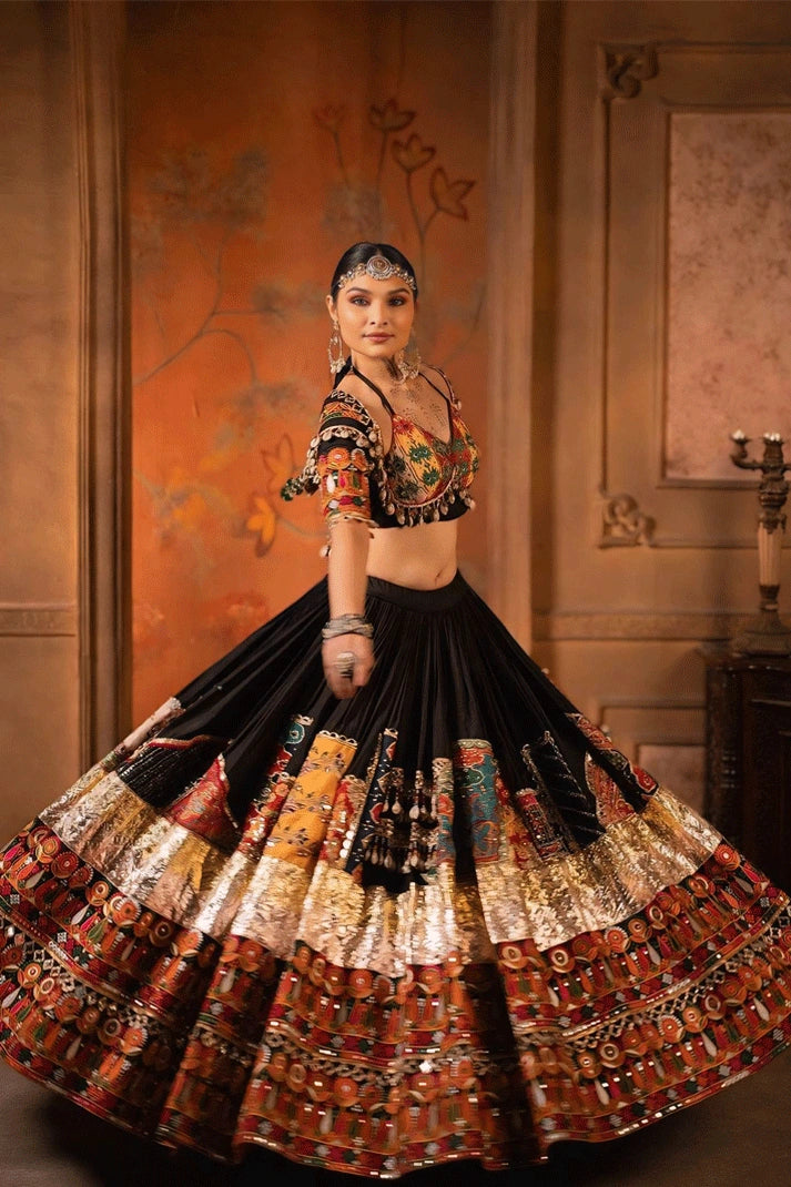Real Mirror Work Cotton Black Chaniya Choli For Garba