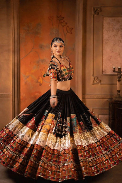 Real Mirror Work Cotton Black Chaniya Choli For Garba
