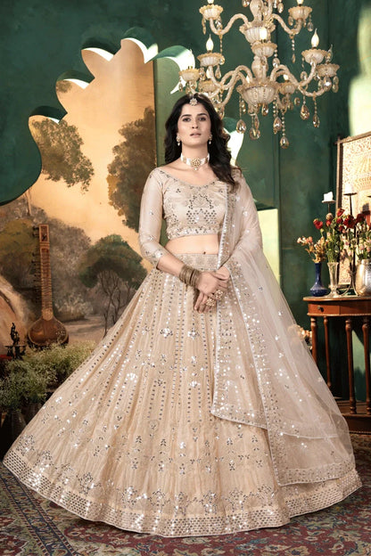 Embroidery Work Cream Colour Lehenga Choli For Wedding