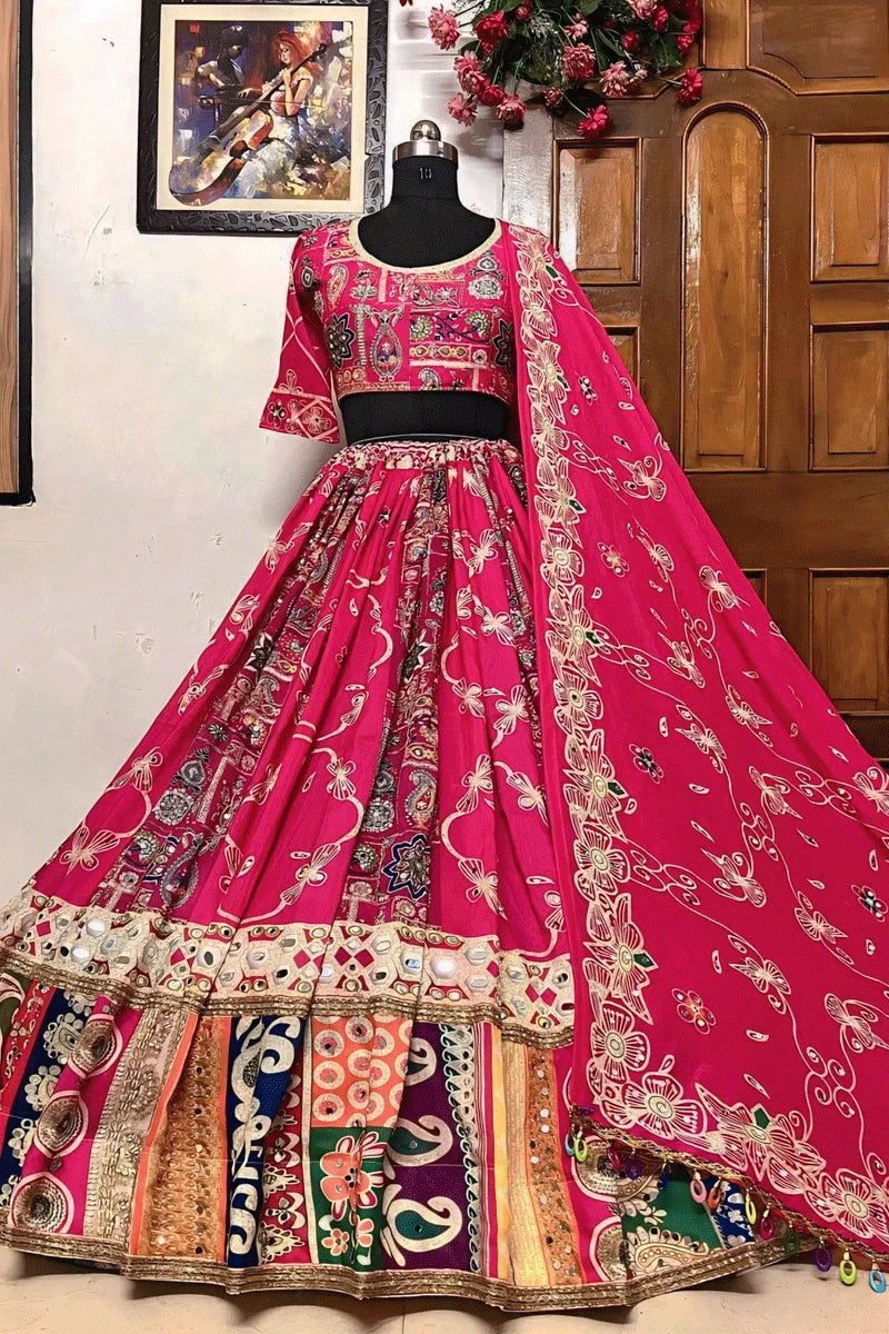 Real Mirror Work Cotton Pink Lehenga Choli For Navratri
