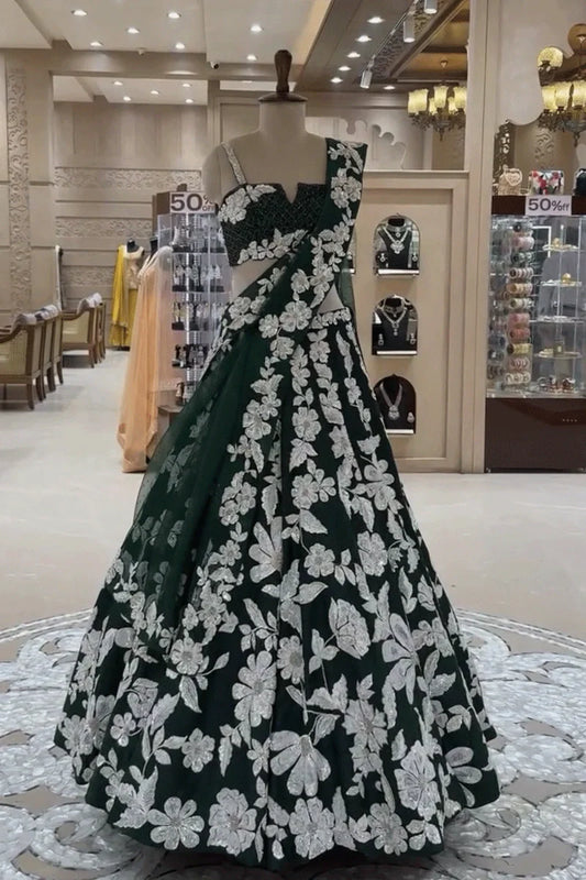 Flower Designer Green Colour Lehenga For Sangeet