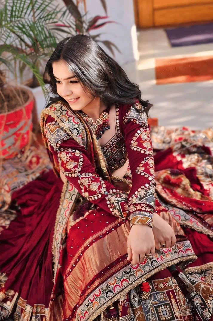Real Mirror Work Maroon Chaniya Choli For Navratri