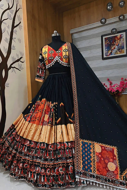 Real Mirror Work Cotton Black Chaniya Choli For Garba