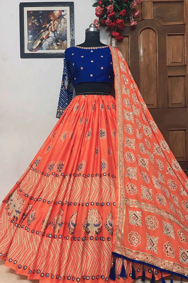 Traditional Heavy Flair Orange Chaniya Choli For Garba