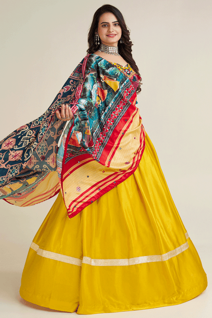 Satin Silk Yellow Colour Lehenga With Printed Dupatta
