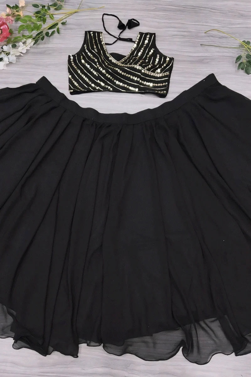 Georgette Heavy Flare Black Lehenga For Girls