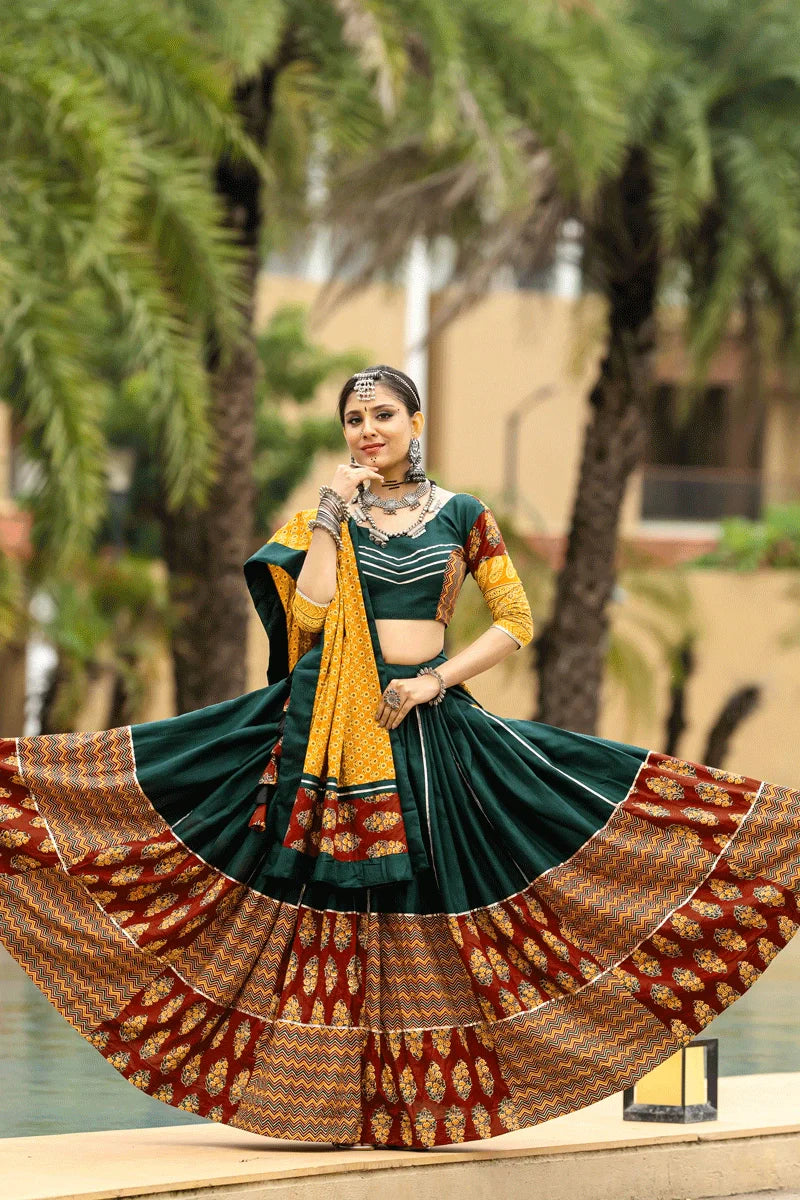 Fully Stiched Heavy Flare Dark Green Lehenga For Women