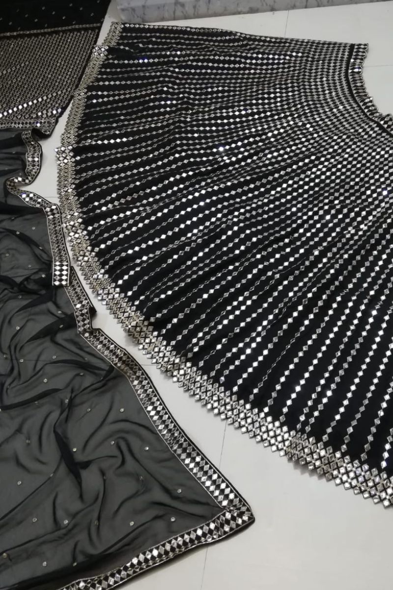 Paper Mirror Work All Black Lehenga Choli For Sangeet
