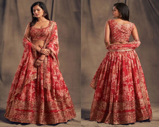 Bollywood Stylish Red Lehenga Choli For Women, Designer Floral Print Bridesmaids Lehenga choli