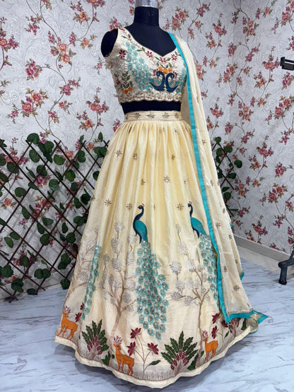 Premium Chinon Silk Lehenga with Multicolor Thread Embroidery, Heavy Sequins & Lace Border Dupatta – Bridal, Party And Festival Wear