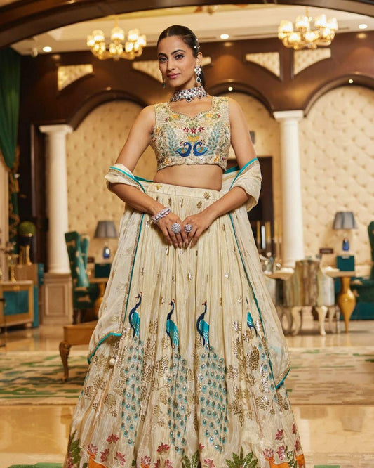 Premium Chinon Silk Lehenga with Multicolor Thread Embroidery, Heavy Sequins & Lace Border Dupatta – Bridal, Party And Festival Wear