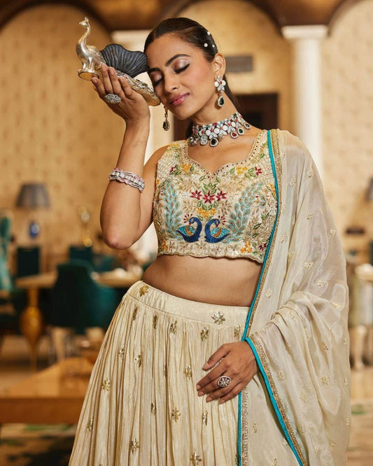 Premium Chinon Silk Lehenga with Multicolor Thread Embroidery, Heavy Sequins & Lace Border Dupatta – Bridal, Party And Festival Wear