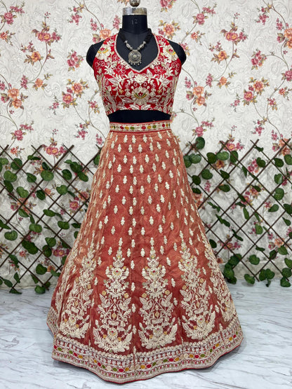 Luxury Rolex Silk Bridal Lehenga with Embroidery, Dori And Sequins, Organza Silk Blouse and Dupatta, Perfect for Wedding & Festive Wear
