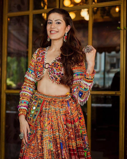Designer Printed Lehenga Choli in Heavy Butter Silk with Real Mirror Work & Matching Dupatta – Elegant Festive Wear