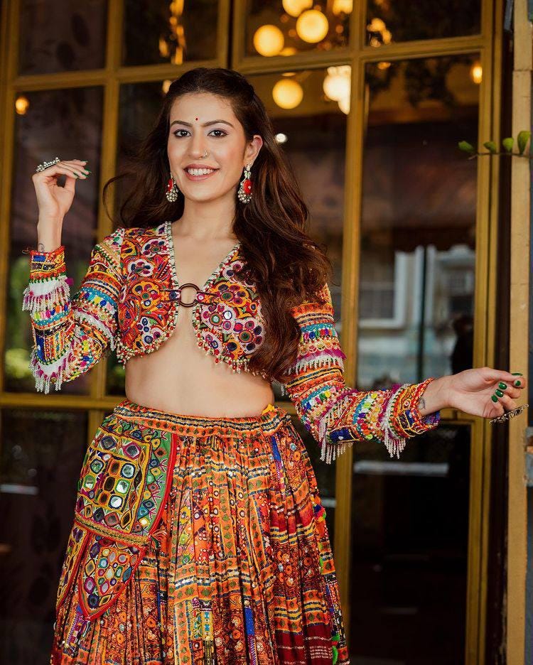Designer Printed Lehenga Choli in Heavy Butter Silk with Real Mirror Work & Matching Dupatta – Elegant Festive Wear