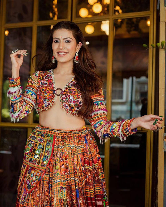 Designer Printed Lehenga Choli in Heavy Butter Silk with Real Mirror Work & Matching Dupatta – Elegant Festive Wear